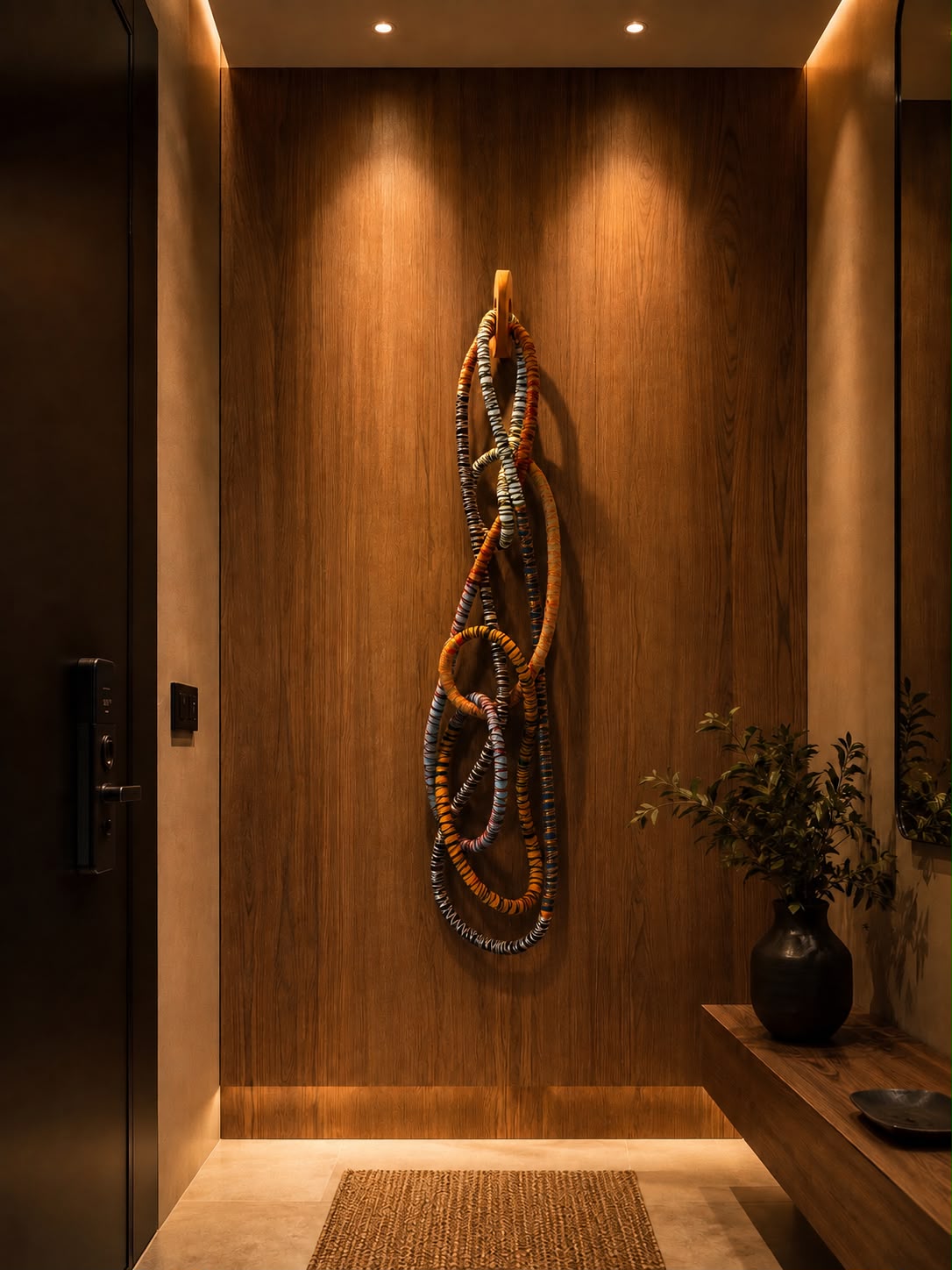 Hall de entrada · escultura suspensa em trama contínua