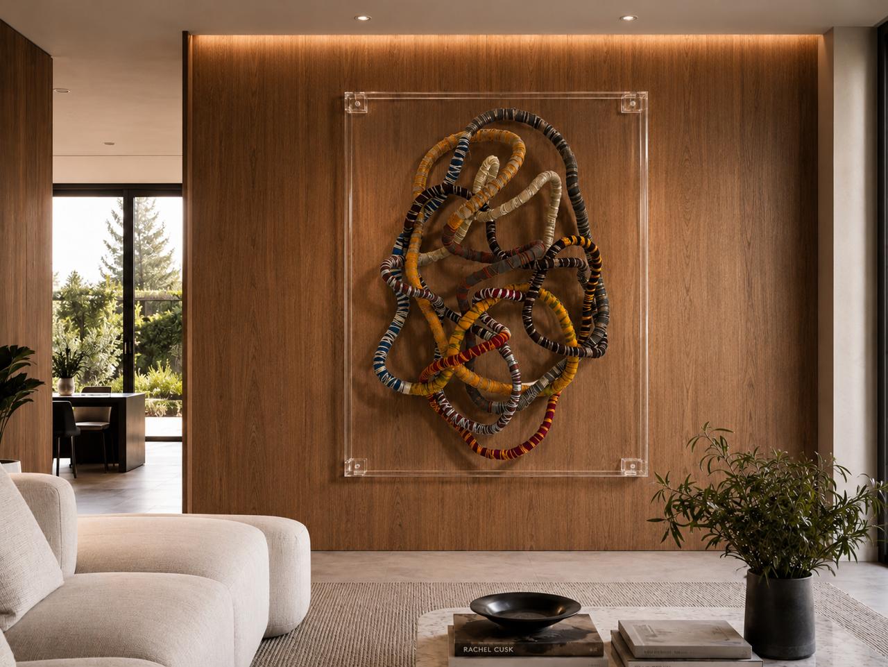 Living · escultura têxtil em moldura de acrílico